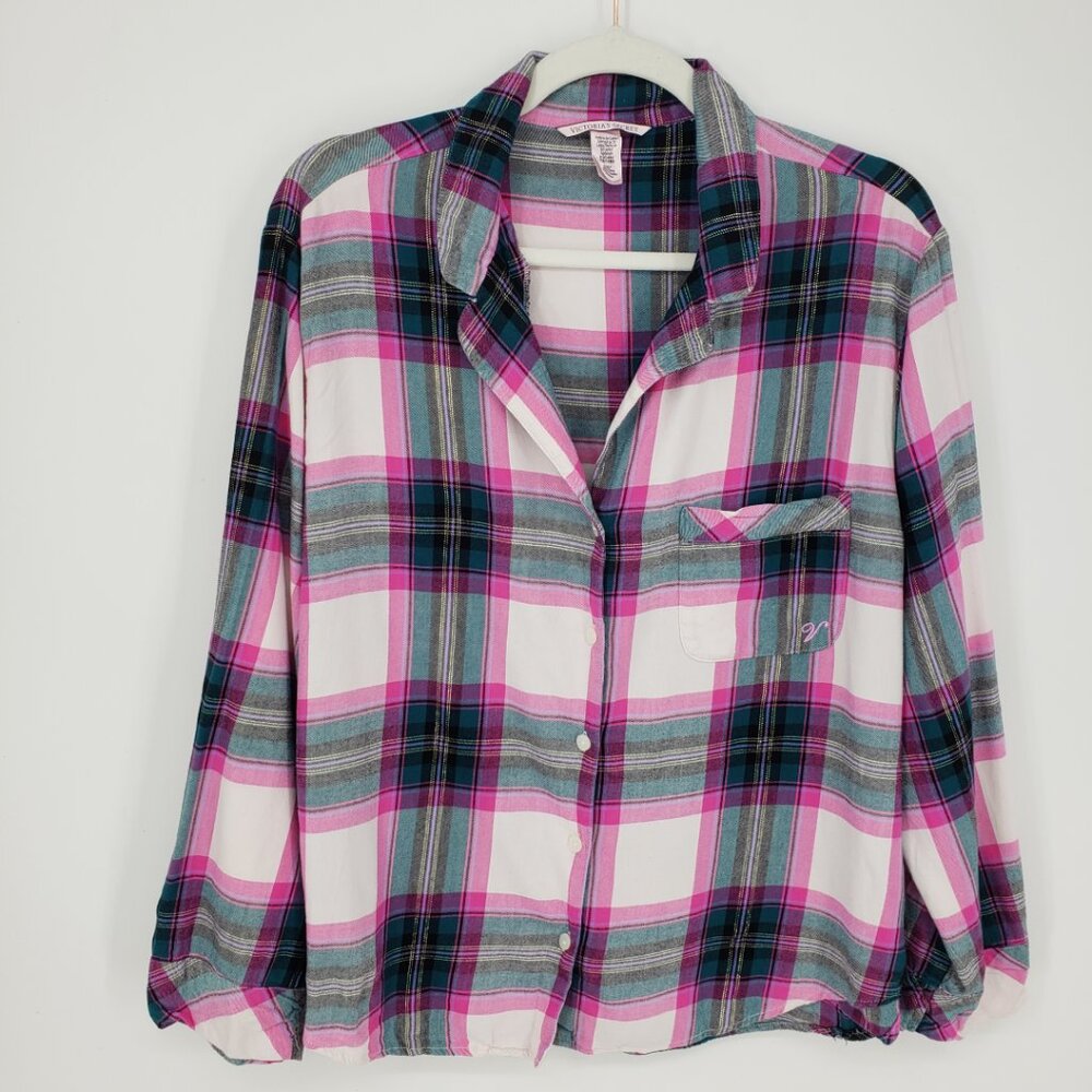 Victoria's Secret Plaid Flannel Pajamas Top L Button Down Cotton Pink